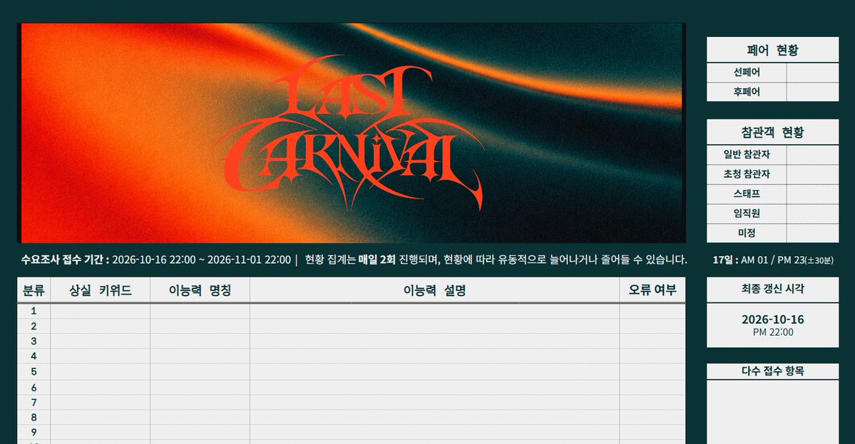 _Last_Carnival_'s tweet photo. ▼ 금일 오후 10시, 신청자 대상으로 수요조사를 시작합니다.

1. 오후 9시 : 수요 폼 / 링크 공개
2. 오후 10시 : 수요조사 집계 시작

10시 이전 신청은 별도로 집계/오류 여부 체크하지 않는 점 참고 바랍니다. https://t.co/JgTlE4FAI4