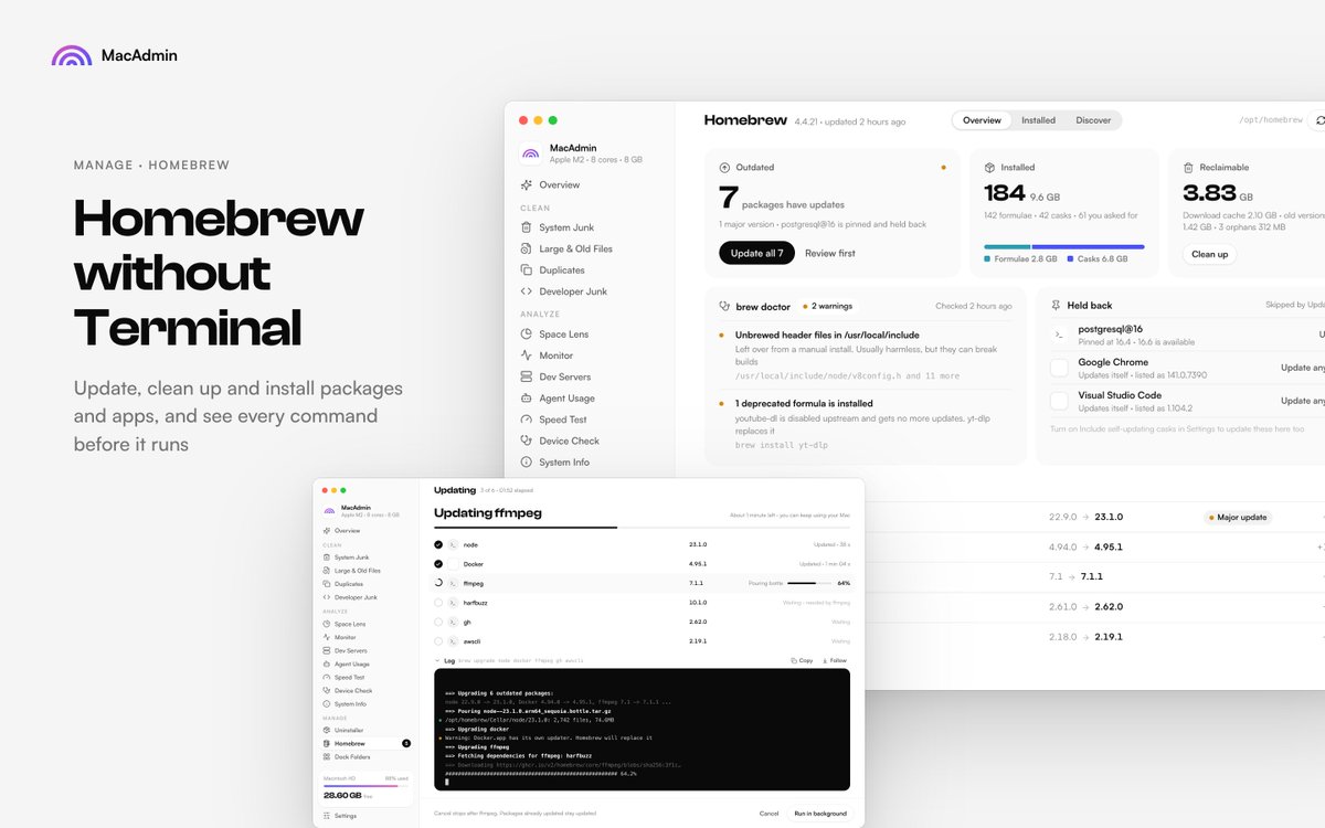 uraxdev's tweet photo. 🍺 MacAdmin now manages Homebrew, no Terminal needed.

See what's outdated (with a warning before major jumps), update everything or just what you pick, free space from old versions and caches, and discover and install new tools in one click.

$15 once with 7 days free trail → https://t.co/rizfe1cBy8