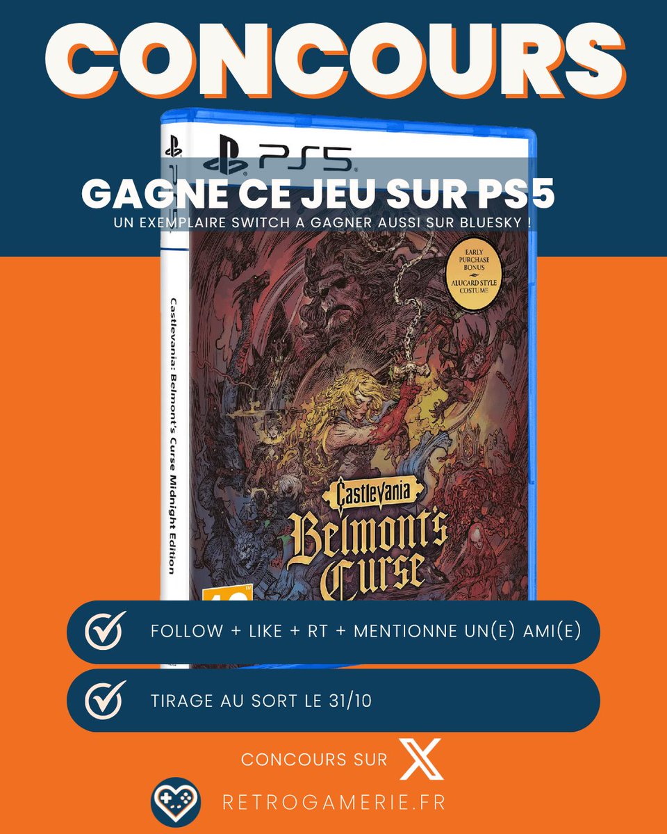 Retrogamerie's tweet photo. Nouveau #concours 🍀

Gagne #Castlevania Belmont's Curse Midnight Edition sur PS5 🦇

Pour participer :
✅Follow
✅Like et partage ce post 
✅Mentionne un(e) ami(e)

Concours aussi dispo sur Bluesky !
TaS le 31/10, envoi par Mondial Relay uniquement. Bonne chance 💙 https://t.co/MlPAMFII4x