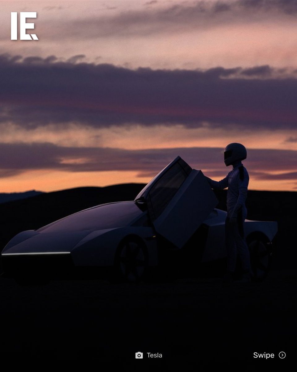 IntEngineering's tweet photo. Tesla unveils a ‘real’ flying car, headed for production in 2028. The Roadster can fly, drive upside down, and hit 60 mph in 0.59 seconds using SpaceX-derived compressed-air thrusters fed by 600 liters of compressed air. The car generates 4-5x more force than its tires can handle, features a suction system capable of holding it to surfaces at 2G, and has a long-term top speed target of 380 mph.