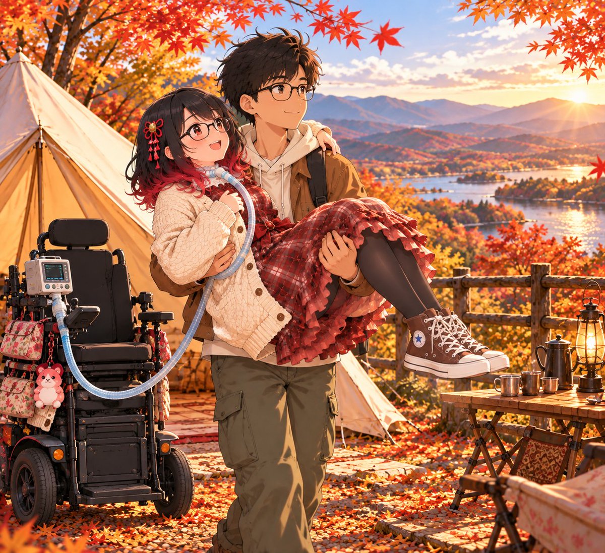Kokorohime2026's tweet photo. のんびりキャンプシリーズ ＃４

テントの外の景色がどれほど美しいか、源氏くんが教えてくれたよ。なんて素敵なんだろう〜

#AIイラスト #AIart #AIイラスト術師さんと繋がりたい https://t.co/Xkni0KuSPr