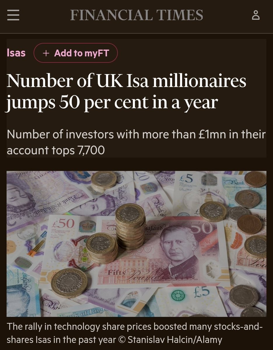moninvestor's tweet photo. Honestly, the only thing I like about the UK is the Stocks and Shares ISA account.

The number of ISA millionaires rose from 5,070 in April 2023 to 7,730 in April 2024. That’s a 52% increase in just one year.

For those of you who don’t know what an ISA is, it’s a tax-free account where you can invest up to £20,000 each tax year, and any gains you make are free from UK capital gains tax.

One day, I hope to reach this milestone.