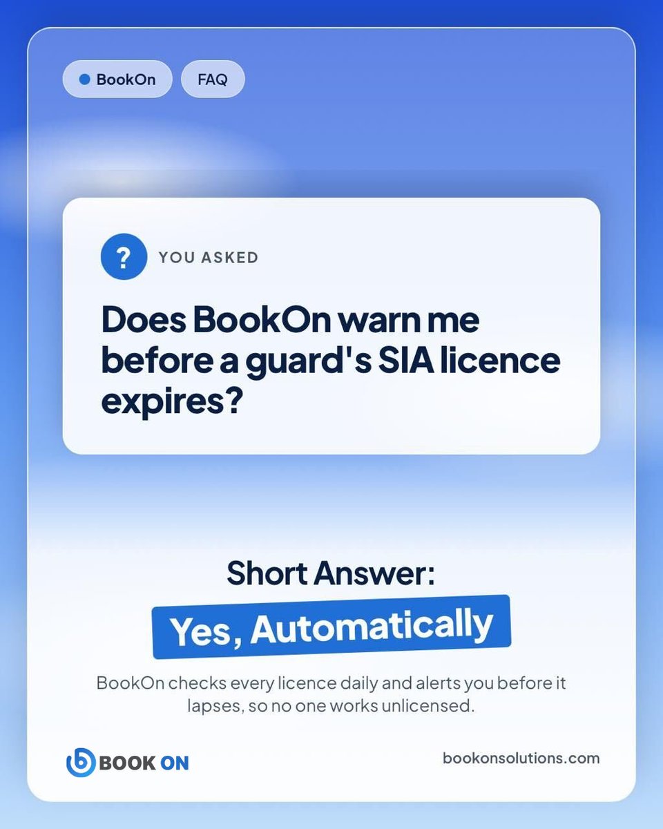 Bookonsolution1's tweet photo. Does BookOn warn you before a guard’s SIA licence expires? 🛡️

Stay compliant and keep your security operations running smoothly with automatic licence expiry alerts. ✅ No unlicensed guards. Just smarter workforce management.

🌐 https://t.co/xLYv61TDYz | 📞 0333 009627 https://t.co/IjK0nhmKzC