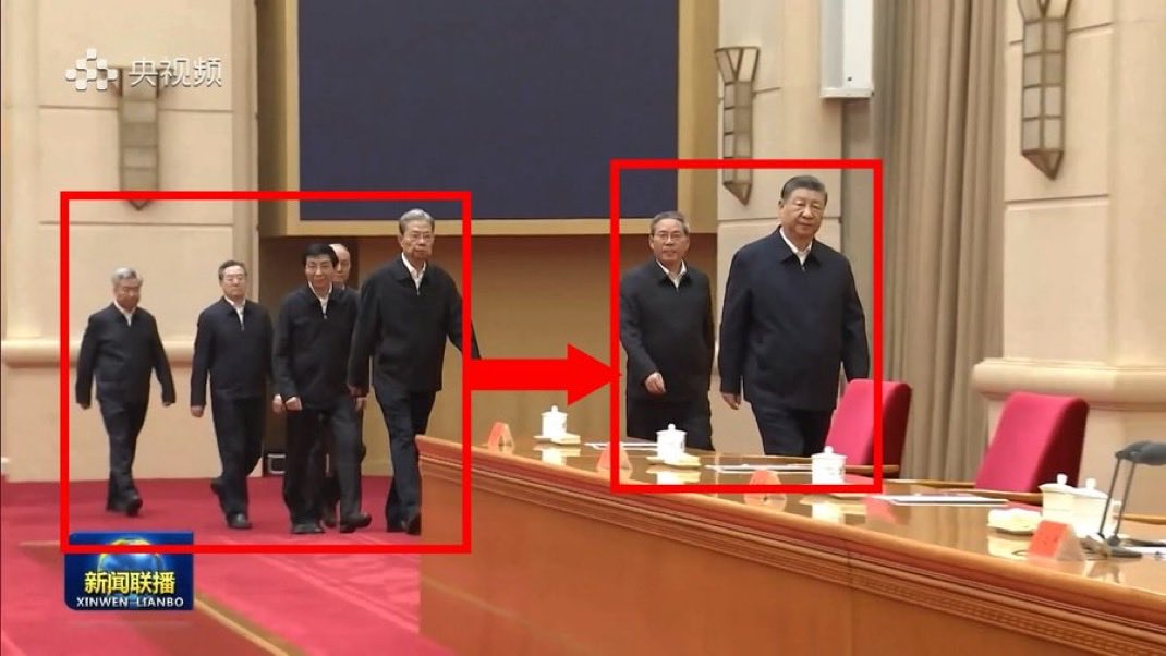 QuanLujun's tweet photo. 李强地位已被确立，其他常委与其保持距离！这段视频刷爆了网络，中国的政治语言通常会通过这种方式向外界释放信号。 https://t.co/sFlm0G4LNn