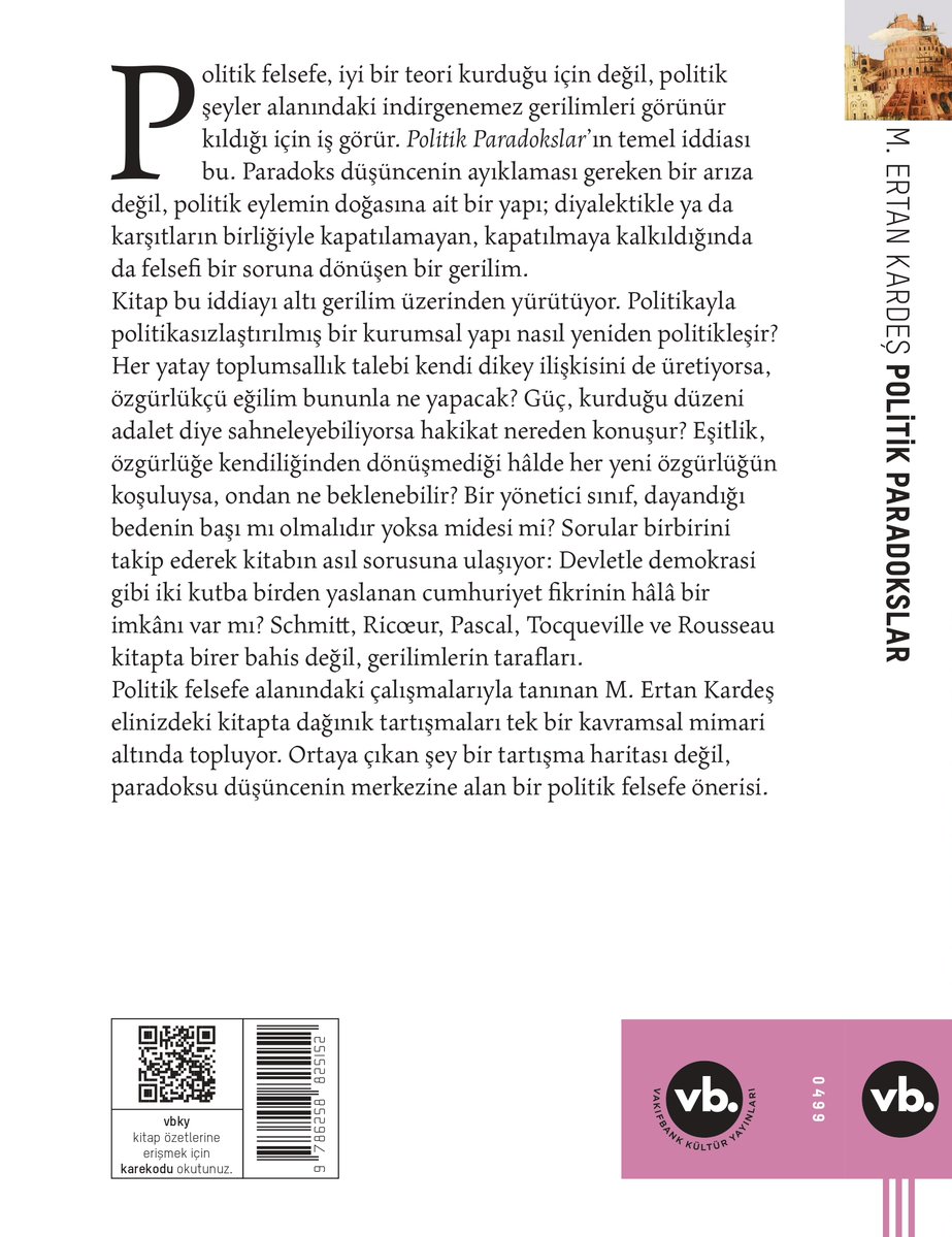 ertan_kardes's tweet photo. [Yeni Kitap]

POLİTİK PARADOKSLAR

“Politik felsefe, iyi bir teori kurduğu için değil, politik şeyler alanındaki indirgenemez gerilimleri görünür kıldığı için iş görür”.

Okuru bol olsun!

İncelemek için: https://t.co/lf03Qq9kvH https://t.co/MhUs7TdmK9
