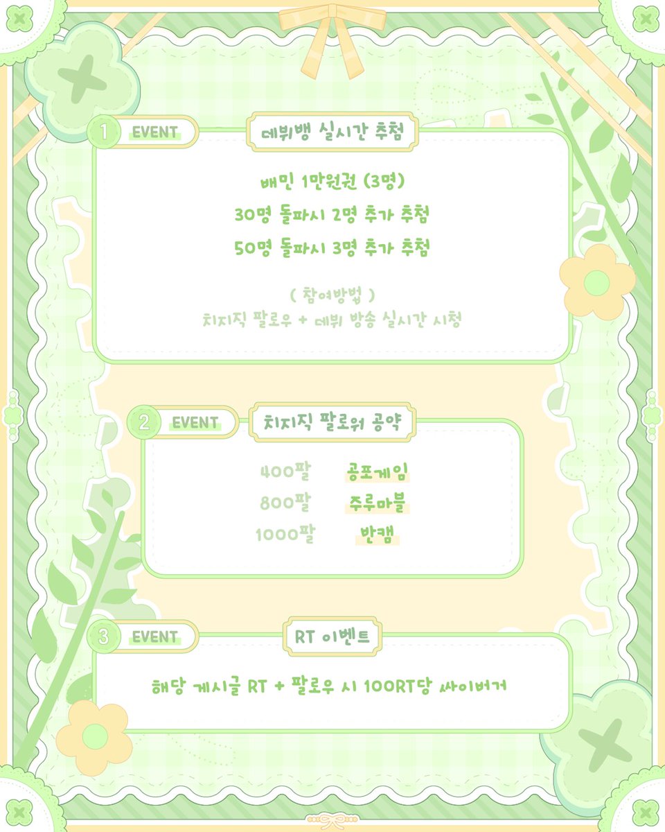 mokomokuku's tweet photo. ˚*.꒰ 왜 내 숲이 골프장으로 바뀐건데! ꒱.*˚
그린벨트 이슈로 숲에서 쫓겨난 숲의 정령 모코모쿠🌱✨

10월 23일 오후 7시 치지직에서 데뷔합니다!
다들 모쿠의 인간생활 적응기 보러 와 （≧∇≦）
치지직 주소: https://t.co/GhsaAgTCTk

🌱EVENT 1.
데뷔뱅 실시간 추첨 배달의 민족 1만원권 (3명)
➼ 치지직 팔로우 + 데뷔뱅 시청
-30명 돌파시 추가 추첨 2명
-50명 돌파시 추가 추첨 3명

🌱EVENT 2.
해당 게시글 100RT당 햄부기!
➼ RT + X 팔로우

🌱EVENT 3.
치지직 팔로워 공약 (상시)
➼ 400팔로워 달성 시 공포게임
➼ 800팔로워 달성 시 주루마블
➼ 1000팔로워 달성 시 반캠

다들 모쿠 방송 보고 상품도 얻어가자‼️

#rt이벤트 #버튜버_이벤트 #버츄얼데뷔 #Vtuber #krvtuber #데뷔이벤트