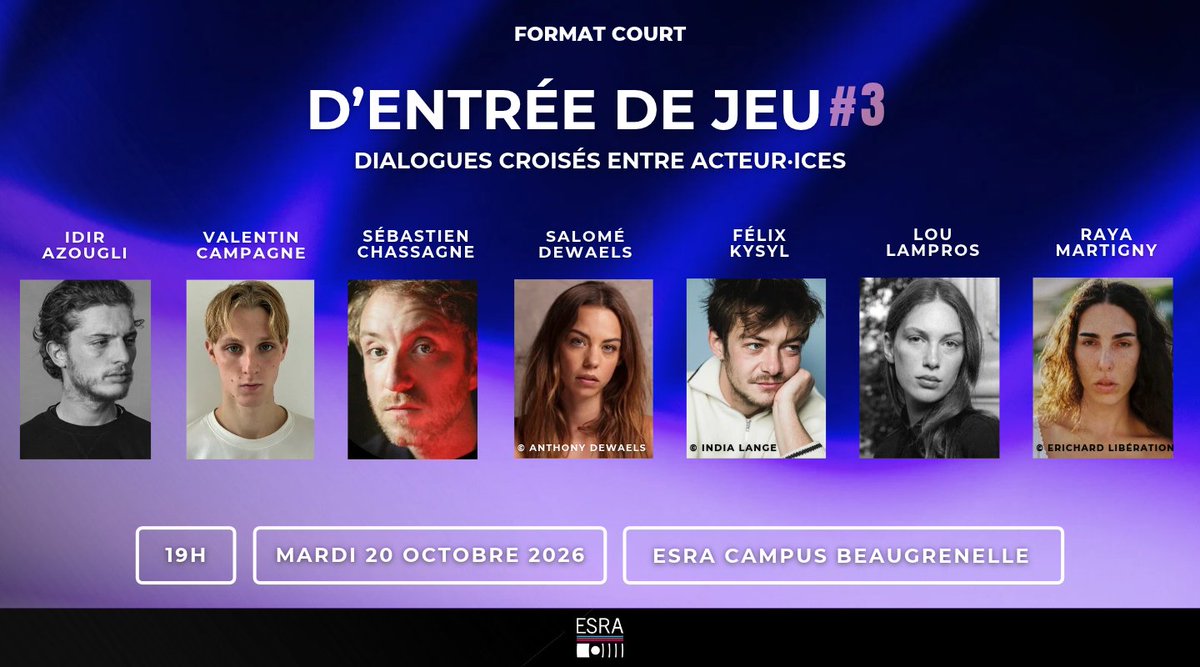 FormatCourt's tweet photo. D'entrée de jeu #3, mardi 20/10, 19h Retrouvez nos invités, soit 7 comédiens pros, à l'@GROUPEESRA, pour une conversation sur le métier et le jeu. Entrée 5€ : https://t.co/uS5iGticom https://t.co/DxhY2FNrpR