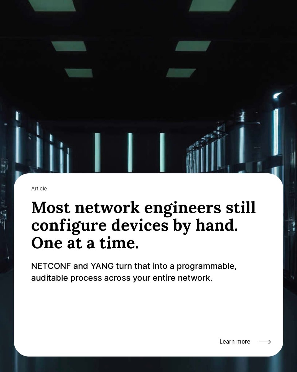 NetadminSystems's tweet photo. Manual CLI configs don't scale across a multi-vendor fiber network.
NETCONF + YANG give you a structured, validated, auditable way to configure devices at scale.

This is the protocol foundation modern network automation runs on: https://t.co/9N89iXxwYr https://t.co/V0IDl7w1KV