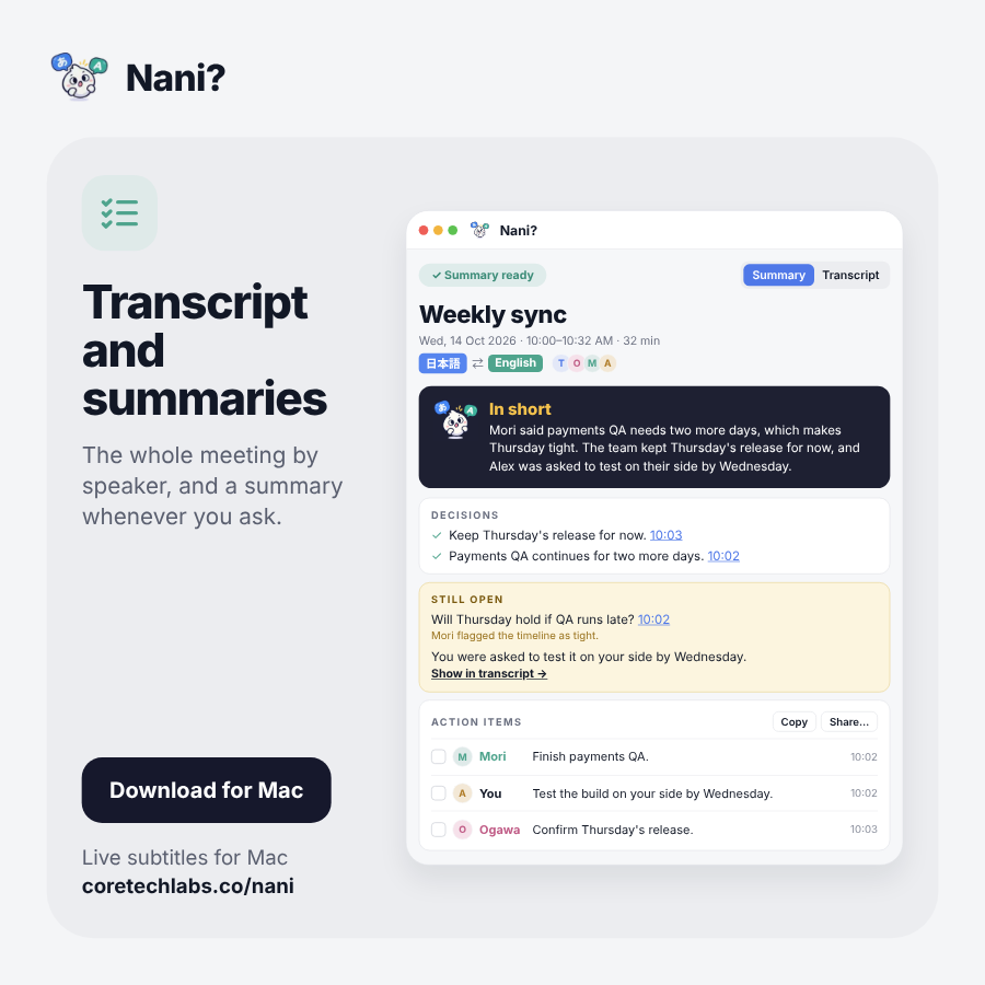 juliusgambe's tweet photo. Hi guys 👋🏼

I just released NANI???  a live translator for your meetings that run on-device models for translation and speaker diarization. It nudges you, gives you suggested replies and summarises.
https://t.co/GFaXU9CKwj

🚀 Product Hunt
https://t.co/EGNlCD0COI https://t.co/ii9wxzGN5e