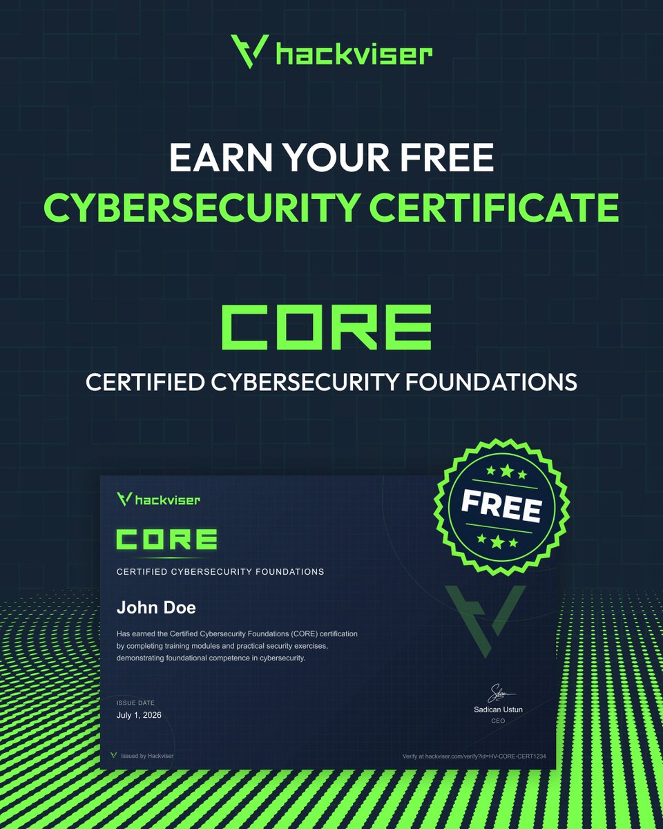 hackviserr's tweet photo. Every cybersecurity professional starts somewhere.

CORE is a free learning path designed to help you understand the fundamentals through structured lessons and practical exercises.

💚 Free forever
🛡️ Beginner-friendly
📜 Free certificate upon completion https://t.co/y0hxdhNHWU