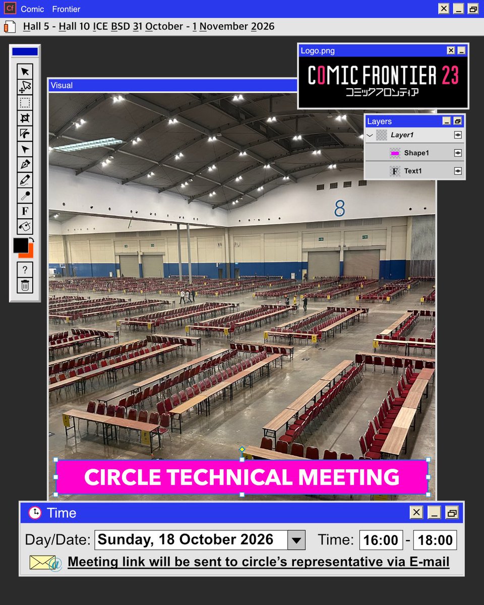 comifuro's tweet photo. [Technical Meeting for Comic Frontier 23 Circle Participants]

Dear esteemed #Comifuro23 Circle Participants

📣 We would like to inform about the Technical Meeting session for all registered Comic Frontier 23 Circle Participants which will be done via YouTube Unlisted Live stream at:

📅 Day/Date: Sunday, 18 October 2026
⏰ Time: 16:00 UTC+7

🔗 Link to the Unlisted Live Stream will be sent via email to the representative of each registered circle.