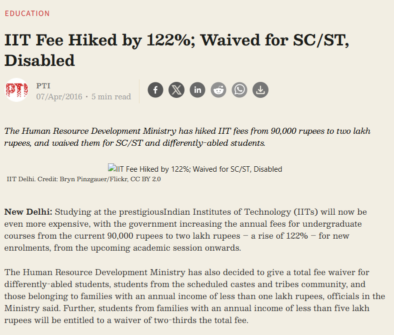 LPI4India's tweet photo. Sabka Saath, Sabka Vikas
In 2016, the BJP government waived IIT tuition fees for SC/ST students while hiking them by 122% for General Category students. https://t.co/4qVjnJBWqa