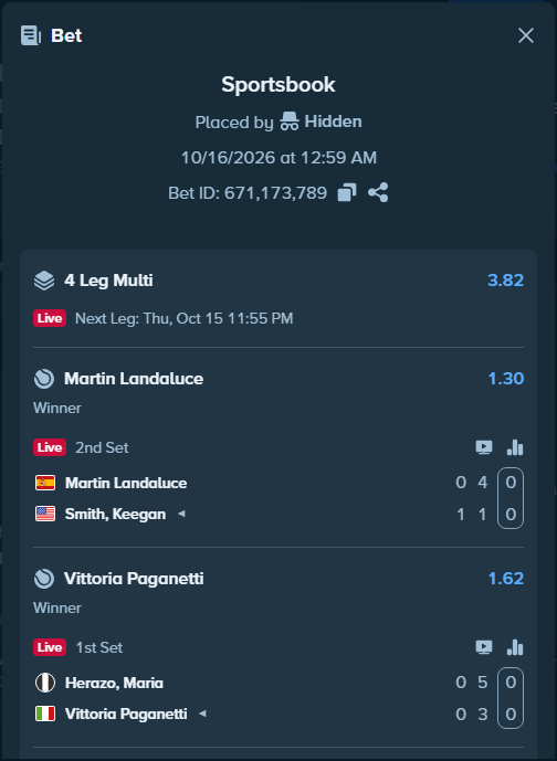 OnlyHighRoll's tweet photo. Hidden bettor just placed a Large Multi Bet 

🎾 Match: Herazo, Maria - Vittoria Paganetti (+3 more)

💸 Stake: $99,900.10
✖️ Odds: 3.82
🏆 Est. Payout: $381,331.17 https://t.co/FhCy14od4R