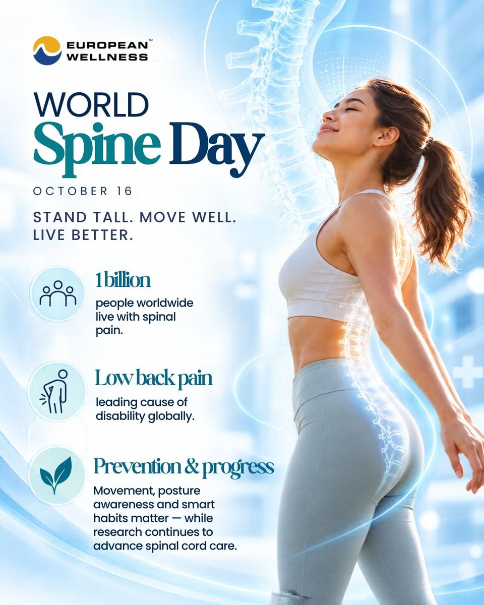 ewcgrp's tweet photo. Today is World Spine Day!

Spinal pain affects an estimated 1 billion people worldwide, and low back pain is the leading cause of disability globally - yet much of it is preventable with movement, posture awareness, and smart habits

#WorldSpineDay #SpineHealth #EuropeanWellness https://t.co/pFLyCfqRVc