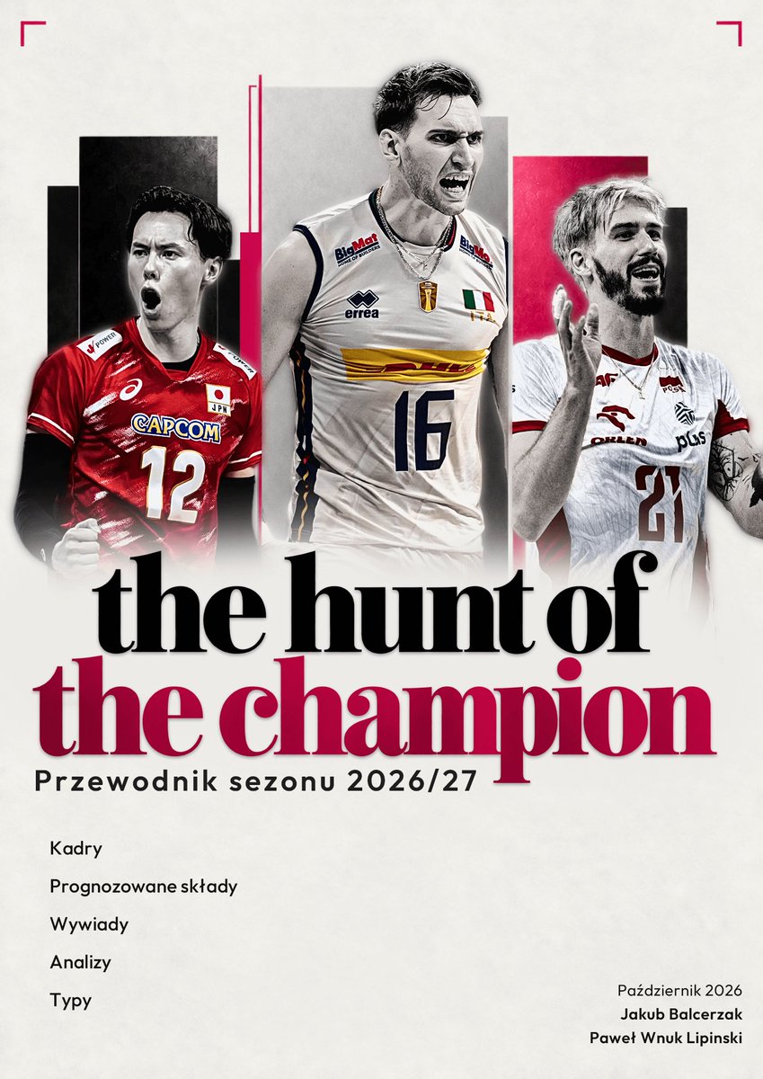 Jakub110Jakub's tweet photo. ❗️ NADSZEDŁ DZIEŃ DZISIEJSZY! 🏐

RUSZAMY Z SEZONEM LIGOWYM 2026/2027 NAJPIĘKNIEJSZEJ Z NAJPIĘKNIEJSZYCH LIG NA ŚWIECIE! 

THE HUNT FOR THE CHAMPION! ⤵️

➡️ https://t.co/BoEsZikIrz ⬅️

Tak jak w ostatnich latach, przygotowałem dla Was niezbędnik, który, mam nadzieję, będzie Wam towarzyszył przez cały sezon ligowy. A graficznie wspaniale opakował go najlepszy z najlepszych - @wnuklipinski95. 🫡

Znajdziecie w nim analizy, składy, wywiady, opinie oraz najważniejsze informacje przed startem sezonu.

Swoją wiedzą i spostrzeżeniami podzielili się https://t.co/dOyOKv2Zeu. Olivier Lecat, Marcin Nowakowski, Oskar Kaczmarczyk, Erik Shoji, David Smith czy Luke Reynolds.

Naprawdę warto! 🫡

THE HUNT FOR THE CHAMPION! ⤵️

➡️ https://t.co/BoEsZikIrz ⬅️

Z całego serca DZIĘKUJĘ wszystkim, którzy poświęcili mi swój cenny czas i dołożyli swoją bezcenną cegiełkę do powstania tego projektu. Bardzo doceniam, że chcieliście pomóc i stać się jego częścią. ❤️

Jeśli macie ochotę - podajcie dalej i podeślijcie znajomym. Im więcej osób przeczyta, tym lepiej dla nas wszystkich. 🫡

PS: Jeśli wszystko pójdzie zgodnie z planem, za około tydzień pojawi się jeszcze jedna rozmowa, mam nadzieję, że z Laurentem Tillie, selekcjonerem reprezentacji Japonii. 🇯🇵

#TAURONLiga • #gangłysego
