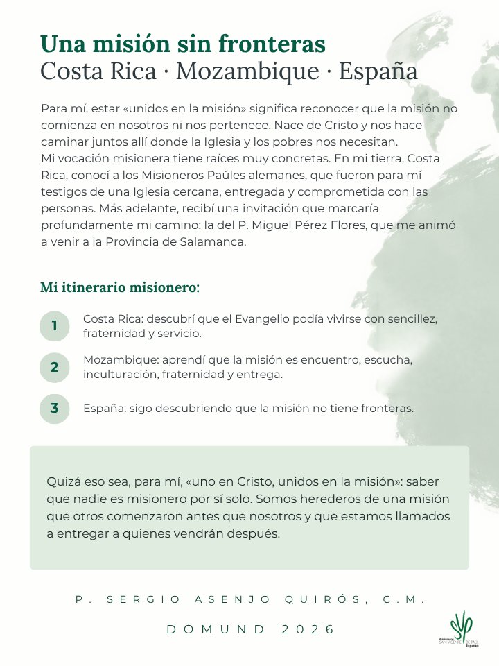 misionerospaul's tweet photo. 🌍 DOMUND 2026 | "Uno en Cristo, unidos en la misión".

El P. Sergio Asenjo Quirós, C.M., comparte su reflexión sobre el significado de estar unidos en la misión a partir de su propia experiencia misionera.

Su vocación tiene sus raíces en Costa Rica, donde conoció a los Misioneros Paúles alemanes, que fueron para él testigos de una Iglesia cercana, entregada y comprometida con las personas. Más adelante, la invitación del P. Miguel Pérez Flores a venir a la Provincia de Salamanca marcaría profundamente su camino.

En Mozambique comprendió que la misión no consiste solamente en llevar algo a los demás, sino también en dejarnos evangelizar por los pueblos, los pobres y las comunidades. Su itinerario continuó después en España, donde sigue descubriendo que la misión no tiene fronteras.

💬 "La misión nos une porque Cristo nos precede, los pobres nos convocan y la Iglesia nos envía".

#DOMUND2026 #MisionerosPaúles #UnidosenlaMisión