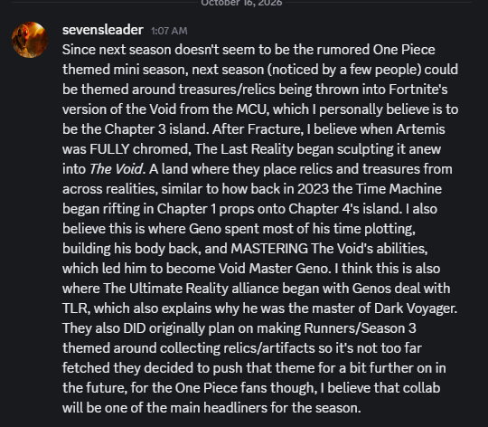 SevensLeader's tweet photo. I think next season we will FINALLY know what "The Void" Dark Voyager and Voidblade spoke of last season, and have it be a direct tie in to Geno's Void Master style.

Read the screenshot for more context! 👇

#Fortnite https://t.co/ZxU35d7poW