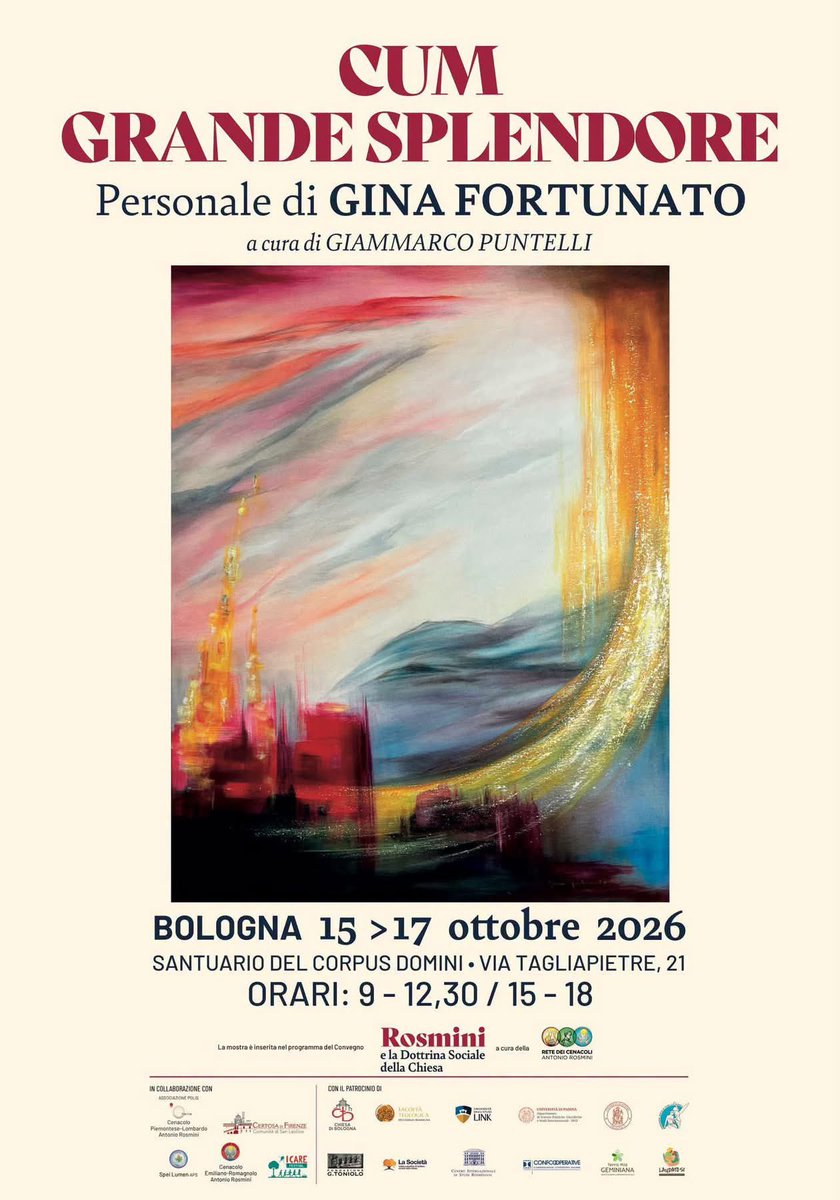 GPuntelli's tweet photo. Questa mattina l’inaugurazione di Cum Grande Splendore, la personale di Gina Fortunato, a mia cura, al Santuario del Corpus Domini a Bologna dal 15 al 17 ottobre. Il maestro presenta un ciclo dedicato alla spiritualità francescana con la ricerca sulla luce che rende la sua pittura unica.