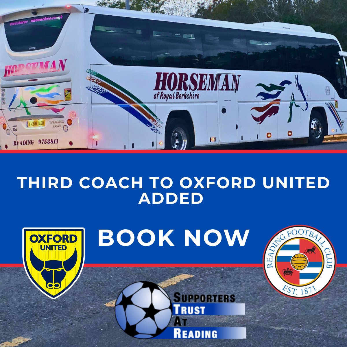STARReading's tweet photo. THIRD COACH ADDED FOR THE THAMES VALLEY DERBY! 🚍⚡️

​Demand has been huge for our trip to Oxford United on Wednesday 4th November, so we’ve officially added a 3rd coach!
  
​🗓️ Date: Wednesday 4th November
⚽️ Kick-off: 19:45 at Kassam Stadium
💷 Fare: £13.00
  
​🕠 Pick-up / Departure Details:
​SCL Stadium: 17:30 departure
  
​West Street: 17:45 departure
  
​Seats are filling up fast—book your spot now before it sells out! 🎟️💙

​🔗 https://t.co/sexC3Hc9Ow

​#ReadingFC #STAR #ThamesValleyDerby #AwayDays #Royals