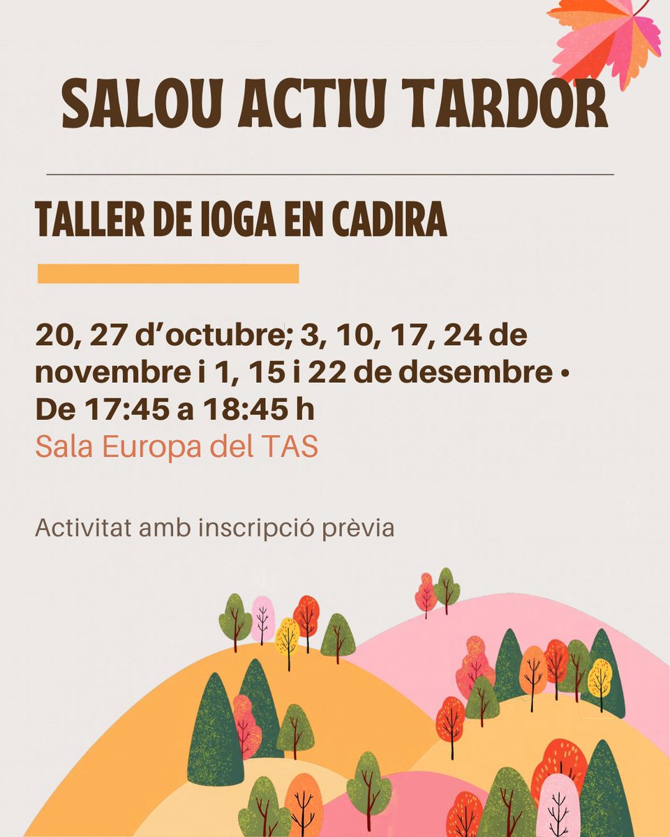 AjuntamentSalou's tweet photo. Taller de ioga en cadira 

📆20, 27 d'octubre; 3, 10, 17, 24 de novembre i 15 i 22 de desembre
🕒De 17:45 a 18:45 h 
📍Sala Europa del TAS
🎟️Activitat amb inscripció prèvia https://t.co/DBPMTpOFAf