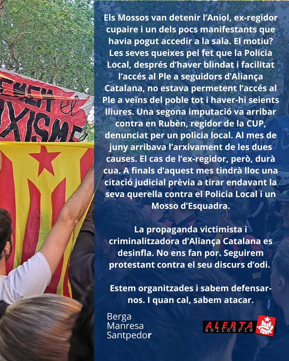 AlertaSolidaria's tweet photo. 🪡 Punxa el suflé d’Aliança Catalana a la Catalunya Central

Assenyalen persones, mostren cares i donen noms a les xarxes i als jutjats. Volen fer-nos por però avui anunciem que els hem guanyat en tres judicis i que no ens aturaran.

🌐 Més info, aquí:
https://t.co/pF2iBoR37k https://t.co/Vw7DS1Pbhl