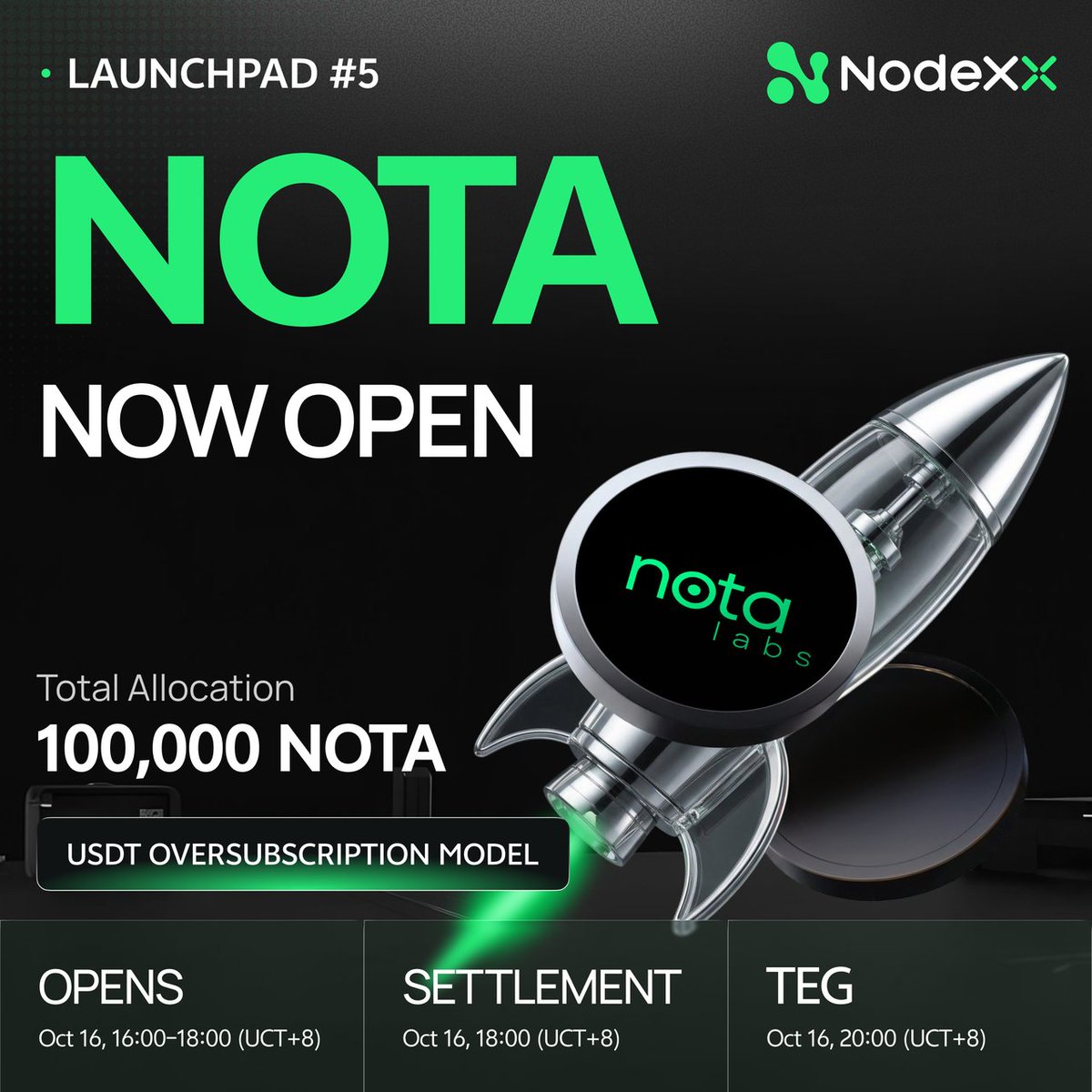 NodeXXOfficial's tweet photo. 🚀 Subscriptions for NOTA on NodeXX Launchpad open on October 16 at 16:00!

This offering uses an oversubscription model and supports participation with USDT.

📌 USDT Pool
Price: 1 NOTA = 0.1 USDT
Total Allocation: 100,000 NOTA

⏰ Subscription Period (UTC+8)
October 16, 16:00–18:00

Settlement: October 16, 18:00
TGE: October 16, 20:00

Allocated tokens will be released in full. Please refer to the campaign page for final allocation and refund rules.

👉 Join Here:https://t.co/sNBvEnVMYB

Please review the project and subscription rules carefully and assess the risks independently before participating.