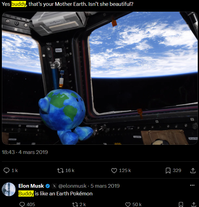 Sizeyon's tweet photo. ELON MUSK LITERALLY SENT AN EARTH POKÉMON TO SPACE IN 2019

Back in 2019, Elon sent a little Earth mascot aboard SpaceX's first Crew Dragon mission

NASA astronauts loved the character so much they kept him aboard the ISS instead of sending him back

But here's where it gets interesting

Elon personally replied to an astronaut's picture saying "Buddy is like an Earth Pokémon"

And the actual company behind the mascot officially sells him under the name Little Earth Buddy

So we literally have a real SpaceX mascot, an official character name, and Elon himself making the Pokémon connection

ONE CHARACTER CONNECTING TWO MASSIVE NARRATIVES: SPACEX STOCKS + POKÉMON CARDS

PROOFS:

Elon calling Buddy an Earth Pokémon:
https://t.co/B8AKWgbCdb

Elon's original SpaceX reveal:
https://t.co/y1RyPoAp75

NASA astronaut with Buddy:
https://t.co/3WUXiqXnpA

NASA confirming the mascot:
https://t.co/JhU1dEM115

Official Little Earth Buddy:
https://t.co/GOuT3AD16Q

BUDDY — Little Earth Buddy