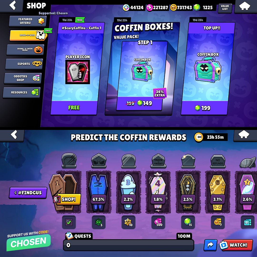 BrawlNetworkX's tweet photo. #ScaryCoffins Day 2 is HERE! ⚰️

Claim your FREE Profile Icon from the Shop, and let's vote for Coffin 10 again to unlock 2 Vince Boxes and early access to Vince! 🪲

We can only open 12 out of 24 Coffins, with TWO Coffins on the final day! 👀

If players who aren't on social media keep voting in numerical order, we could still unlock the Vince Boxes, Kizu Kenji Boss, and Gravestone Griff by the end of the event! 💀

Which Coffin are you voting for today? 🤔