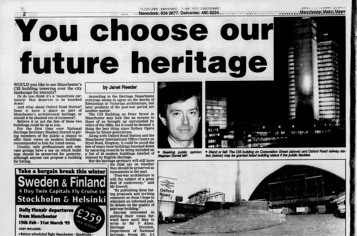 ManchesterMill's tweet photo. When the building was put to a vote for English Heritage listed status in 1995 Manchester Evening News reporter Janet Reeder called it an "eyesore". 

It gained listed status later that year anyway. (2/3) https://t.co/xCzqHABClW