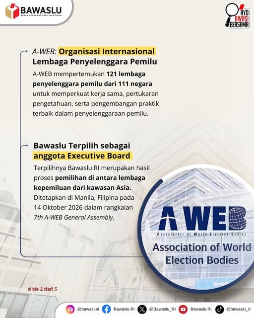 BawasluBKS's tweet photo. Bawaslu terpilih sebagai salah satu Executive Board A-WEB ✨ Apa itu A-WEB dan bagaimana perannya dalam meningkatkan kualitas demokrasi global? Serta bagaimana kontribusi pengalaman pemilu Indonesia? 
Yuk, simak unggahan ini dan temukan jawabannya 😉✊🏻 

#AWEB 
#WorldElection https://t.co/TJzzvSP4pe