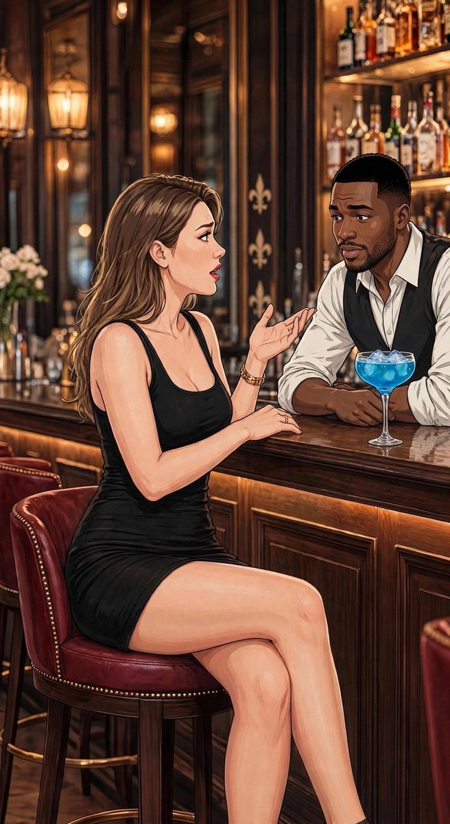 RexLucianAI's tweet photo. #VixenTale n°4/♾️ 

Phone finally rings. Konrad.
“Liebling, sorry. Workshop ran late, investors…” 

“Again? Ok, mon amour. Je comprends.” Click. Annoyed.
Bartender leans in, pours blue Curaçao.
“He has no idea what he’s missing, Mrs. Tina.” 

«Excusez-moi, Mike… need to cool down. Hold that for me.»
Tina heads to the restroom trying to reach Konrad again. 

Day IV @VoluptasVixen 
#HotwifeStory #SpicyWife 
🔞 Fictional. All coincidences accidental.