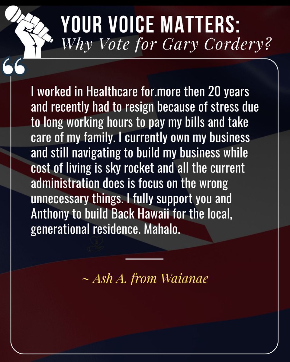 GCForGov's tweet photo. YOUR VOICE MATTERS.

Why are you voting for Gary Cordery for Governor? What issues matter most to you and your family?

We want to hear YOUR story! Share why you support and what you hope to see for the future of Hawaiʻi. https://t.co/cnZm0JMs7z https://t.co/4ifDiFA9xV