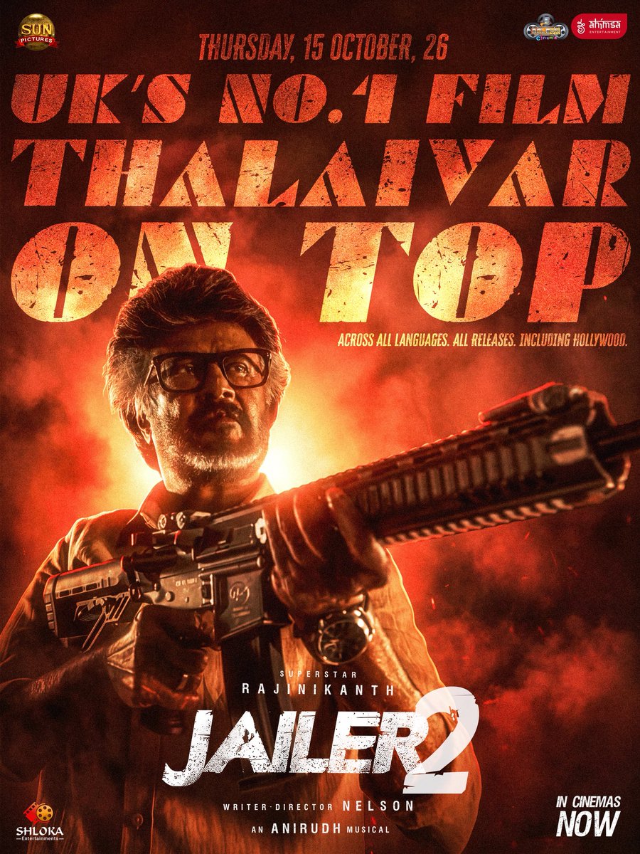 ahimsafilms's tweet photo. Hollywood has stars. We have THE SUPERSTAR ⭐️⭐️⭐️

#Jailer2 was the UK’s No.1 film on opening day — ahead of EVERY other release, across ALL languages. 

THALAIVAR ON TOP! 🤯🤯🧨💥

@rajinikanth @Nelsondilpkumar @anirudhofficial @vidya_balan @iam_SJSuryah #SurajVenjaramoodu @meramyakrishnan @iYogiBabu @mirnaaofficial @vijaykartikdop @Nirmalcuts @ChethanDsouza @AlwaysJani @KiranDrk @sunilreddy22 #PallaviSingh @valentino_suren @Alagiakoothan #SantoshRaju @RIAZtheboss @sunpictures @ShlokaEnts @boleyncinemauk @vithurs_