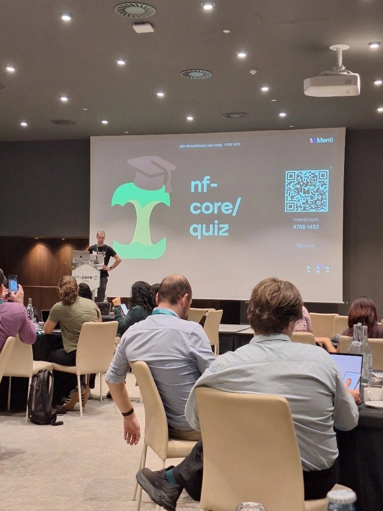 nextflowio's tweet photo. Kicking of day 2 of the @nf_core Hackathon with an nf-core quiz!🍏 https://t.co/FZ9NpCBbtE