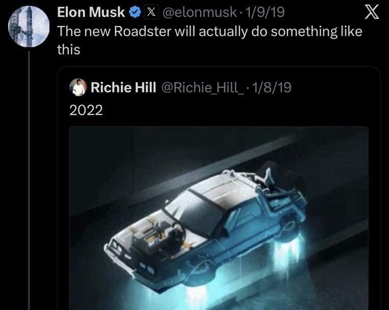 Ahxiongweb3's tweet photo. 马斯克 7 年前吹的牛，居然真的飞起来了 😂🚀

2019 年说 Roadster 能飞，大家都以为他在开玩笑。

结果 2026 年真的搞出了飞车演示。

不得不说，马斯克是真敢想，也真敢搞。

不过最关键的还是交付。

2028 年才计划交车，按照 Tesla 以往的跳票纪录……

这次大家信不信？👀

@elonmusk @Tesla #Roadster