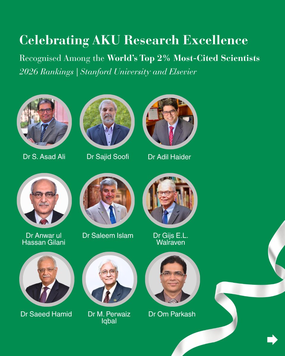 AKUGlobal's tweet photo. 𝗥𝗲𝗰𝗼𝗴𝗻𝗶𝘀𝗶𝗻𝗴 𝗿𝗲𝘀𝗲𝗮𝗿𝗰𝗵 𝘄𝗶𝘁𝗵 𝗴𝗹𝗼𝗯𝗮𝗹 𝗶𝗺𝗽𝗮𝗰𝘁!

Thirty-seven researchers from AKU in Pakistan and East Africa, of which 19 are alumni, have been recognised in Stanford University’s 2026 World’s Top 2% Scientists rankings. The rankings recognise researchers for their citation impact in the most recent year assessed and the influence of their research over their careers.

This recognition highlights the reach of AKU’s research and its contributions to advancing knowledge, informing policy and addressing critical challenges in communities around the world.

🔗 Read the full story: https://t.co/mg7VkVxKls

#AKUResearch #AKUAlumni