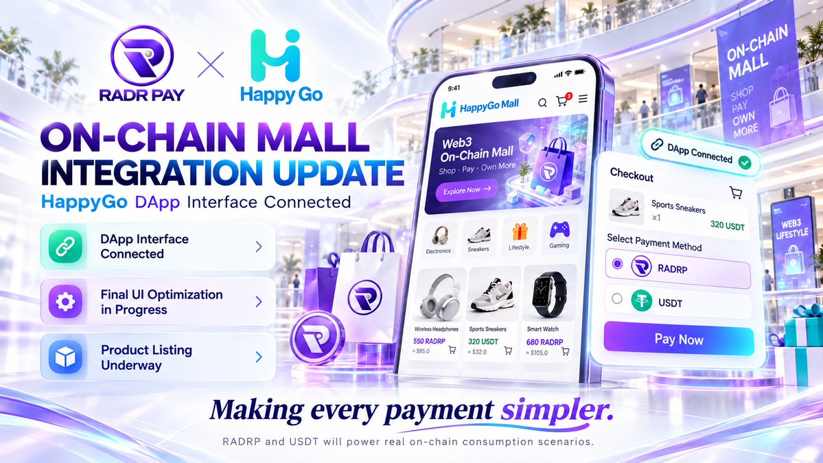 RADRPAY's tweet photo. 🚀#RADRPAY × HappyGo 
 On-Chain Mall Progress Update
The RADR PAY On-Chain Mall has completed its HappyGo DApp integration and is now entering the final stage of UI optimization and product onboarding.
✅ DApp integration completed
✅ RADRP / USDT payment flow being refined
✅ Final UI optimization in progress
✅ Product listings being prepared  
From payments to consumption.
From on-chain assets to real-world utility.
Making every payment simpler.
Bringing every purchase closer to Web3.
#RADRPay #RADRP #HappyGo #Web3 #OnChainMall #BSC