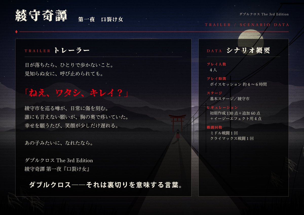 hakushintaku's tweet photo. #Dx3rd
『綾守奇譚 第一夜 口裂け女』
#ダブルクロス3rd
×
都市伝説 https://t.co/iJ9yEu8nrn