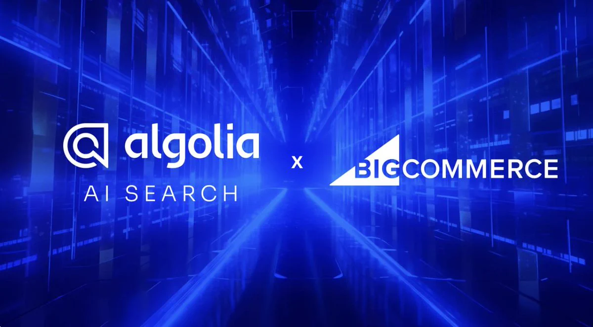 A digital graphic with a futuristic blue neon theme features the logos of Algolia and BigCommerce separated by an "x," indicating collaboration. The background consists of abstract glowing lines and geometric shapes.