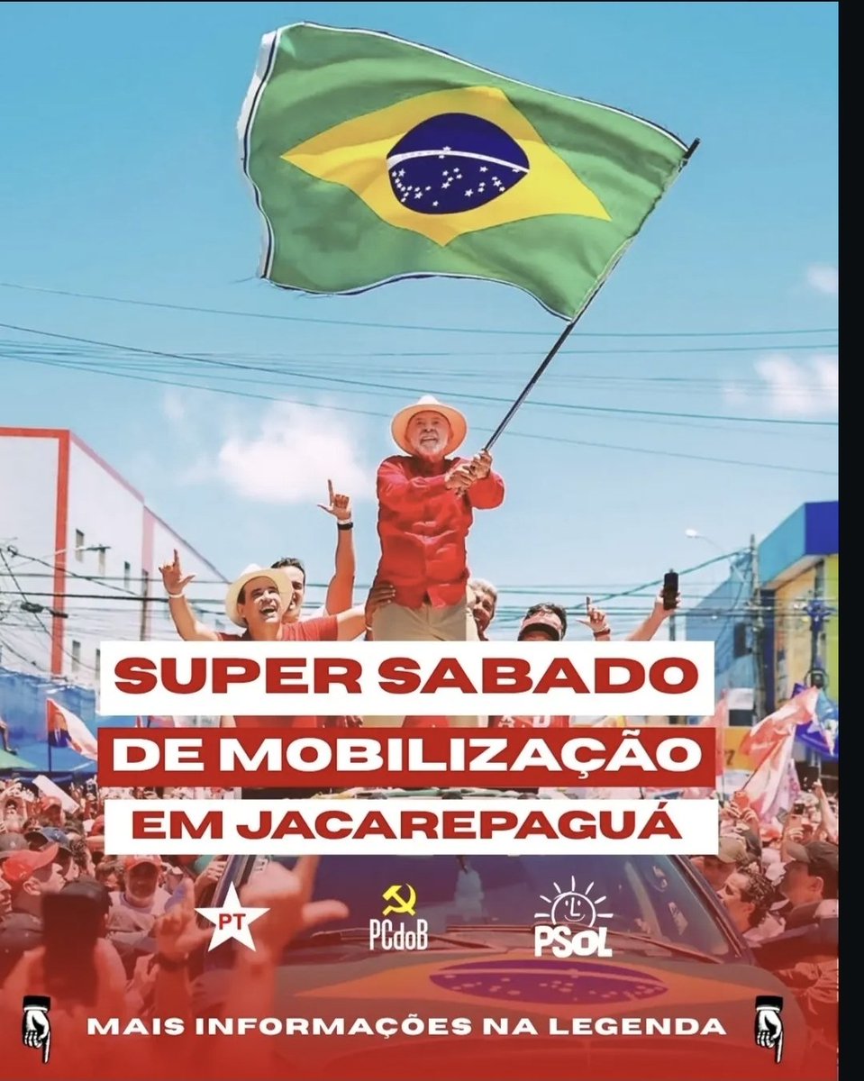 ZeBrinquin's tweet photo. ATENÇÃO, AMIGOS. DIVULGUEM O MÁXIMO POSSÍVEL

TEREMOS MANIFESTAÇÕES NA ZONA SUDOESTE!

🚩SUPER SÁBADO DE MOBILIZAÇÃO EM JACAREPAGUÁ! ✊🏽🇧🇷

17 de outubro, a partir das 9h!

É dia de ocupar as ruas, fortalecer a unidade e dialogar com o povo! Nossa militância presente nos territórios, mobilizando, conversando com a população e construindo juntos a reeleição do presidente Lula! ⭐🚩

📍 CIDADE DE DEUS — Praça da CDD
📍 FREGUESIA — Em frente ao Cisne Branco
📍 TAQUARA — Em frente ao Lanche Mania
📍 PRAÇA SECA — Praça do Coreto

🔥 Cada bairro é um espaço de diálogo, cada conversa fortalece a mobilização e cada voto conta!

🚩 PT, PCdoB e PSOL juntos nessa mobilização!

📢 Chame a companheirada, mobilize sua comunidade e venha participar!
               https://t.co/YY8nPzWuFs