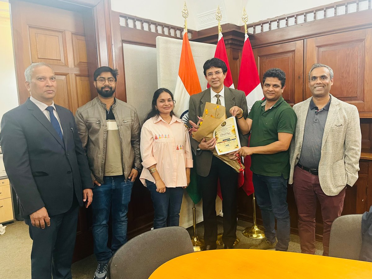 IndiainDenmark's tweet photo. Bihar and Jharkhand Association of Denmark (BAJADE) led by Dr. Prabhat Kumar, met Amb @ManishPrabhat06 to invite him for the festival of Chhath being celebrated by BAJADE from 13-16 November 2026. Ambassador thanked them for the invitation. He encouraged BAJADE to participate in various activities/events organised by Government of India for diaspora such as Pravasi Bharatiya Divas (PBD) 2027, etc. Poster for the Chhath Puja was also released. Ambassador wished BAJADE all success for their upcoming events. BAJADE was also advised to share details of their activities with the Embassy for wider dissemination.