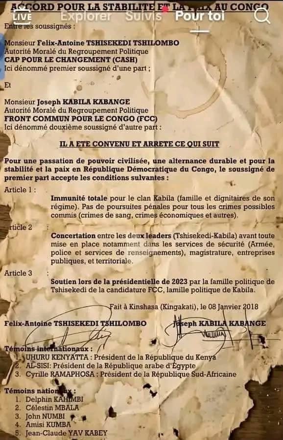 FranckKafuata's tweet photo. Depuis quelques heures, un document fait la une des réseaux sociaux.

Selon plusieurs sources, il serait la fameuse lettre de confiance signée entre le régime Tshisekedi et son prédécesseur.

S'il est authentique, alors Kabila et ses acolytes ne méritent pas notre compassion. https://t.co/0Pv2qX6pyM