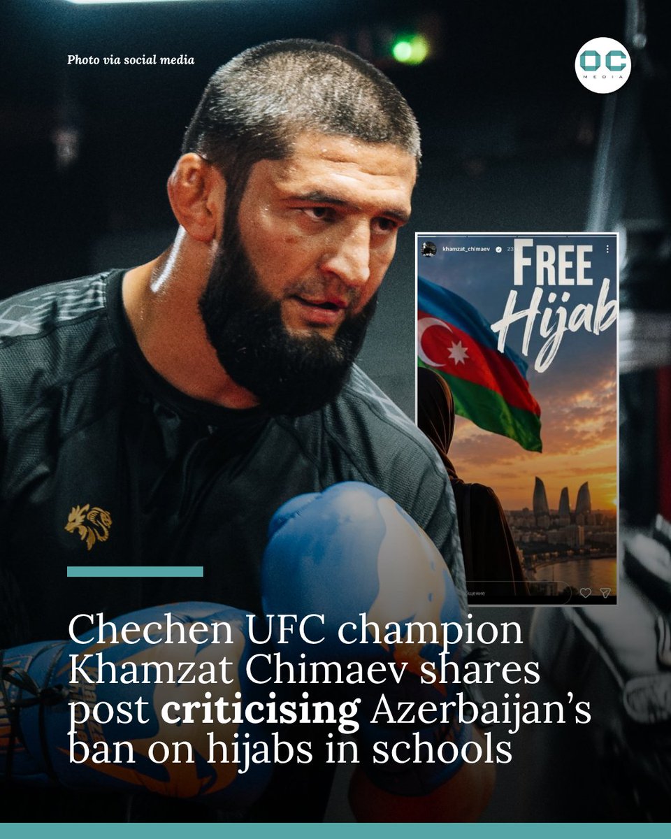 OCMediaorg's tweet photo. Chechen UFC champion Khamzat Chimaev has criticised Azerbaijan’s restrictions on hijabs in schools, sharing a post with the words ‘Free Hijab’. https://t.co/G0mlbPPSVU