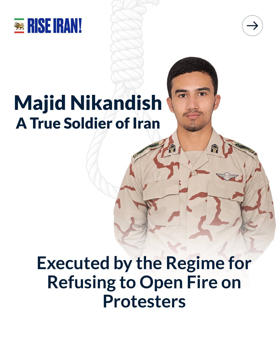 Azadi1401111's tweet photo. #MajidNikandish was executed by the Islamic Republic for refusing to fire on protesters in Mashhad during Iran’s January National Uprising. He chose conscience over orders.His sacrifice will never be forgotten.Iran’s fallen heroes will live forever in our hearts.Justice will come https://t.co/8vsF3j4xCd