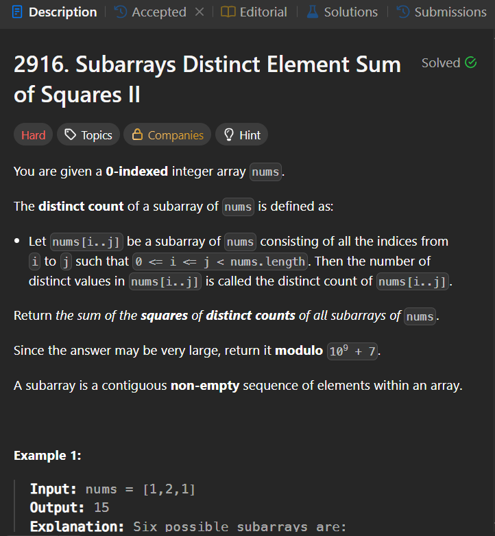 Jatin_lifo82's tweet photo. 🌟Day 629👨💻.
Solve @geeksforgeeks || @LeetCode
POTD Cpp⚡
Question LC. 2916. Subarrays Distinct Element Sum of Squares II Hard✅.
Question GFG. Successful Binary Searches Irrespective of Pivot Medium.
#geeksforgeeks #leetcode #DSA #POTD
@LeetCode @geeksforgeeks #CPP26 https://t.co/96Y8ocI07j
