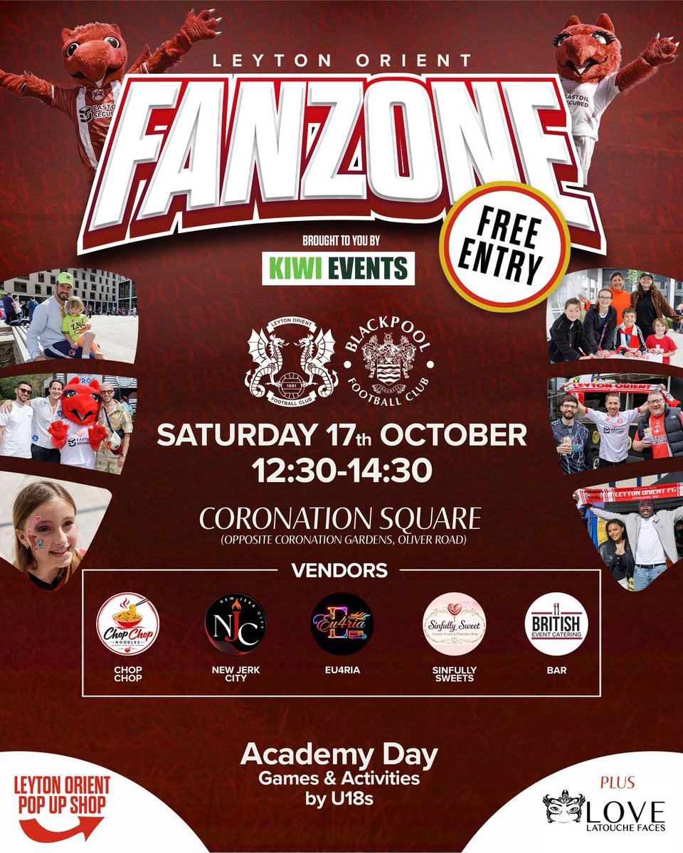LeytonOrientSLO's tweet photo. 🎉 Get down to the Fanzone this Saturday, 12:30–14:30, before Blackpool! ⚽️🙌

Check out our Fanzone poster below for more info:
#LOFC #OneOrient https://t.co/IocQ13T7fx