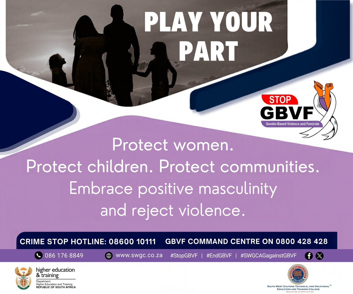 SWGCollege's tweet photo. 🚫GBVF affects us all. Don't look away. Speak out. Report abuse. Your voice could save a life.

Together, let's create safer campuses and communities.

📞 Crime Stop: 08600 10111
📞 GBVF Command Centre: 0800 428 428

#SWGC
#StopGBVF 
#EndGBVF 
#SWGCAgainstGBVF 
#PlayYourPart https://t.co/Jkg7dMl3Ot