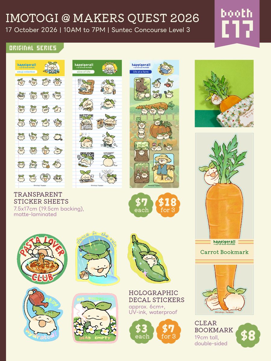 imotogi's tweet photo. Catalogue for Makers Quest 2026 (1/2)🌱 

Hello, I'll be at booth C17 at @MakersQuestSG  with @lunacerra tomorrow!

✨ Original work, Dungeon Meshi, WHA, PJSK
🕰️ 17 October 2026 • 10AM—7PM
🎟️ Free admission

#msqsg2026 #makersquestsg https://t.co/r99gfrg5Ao