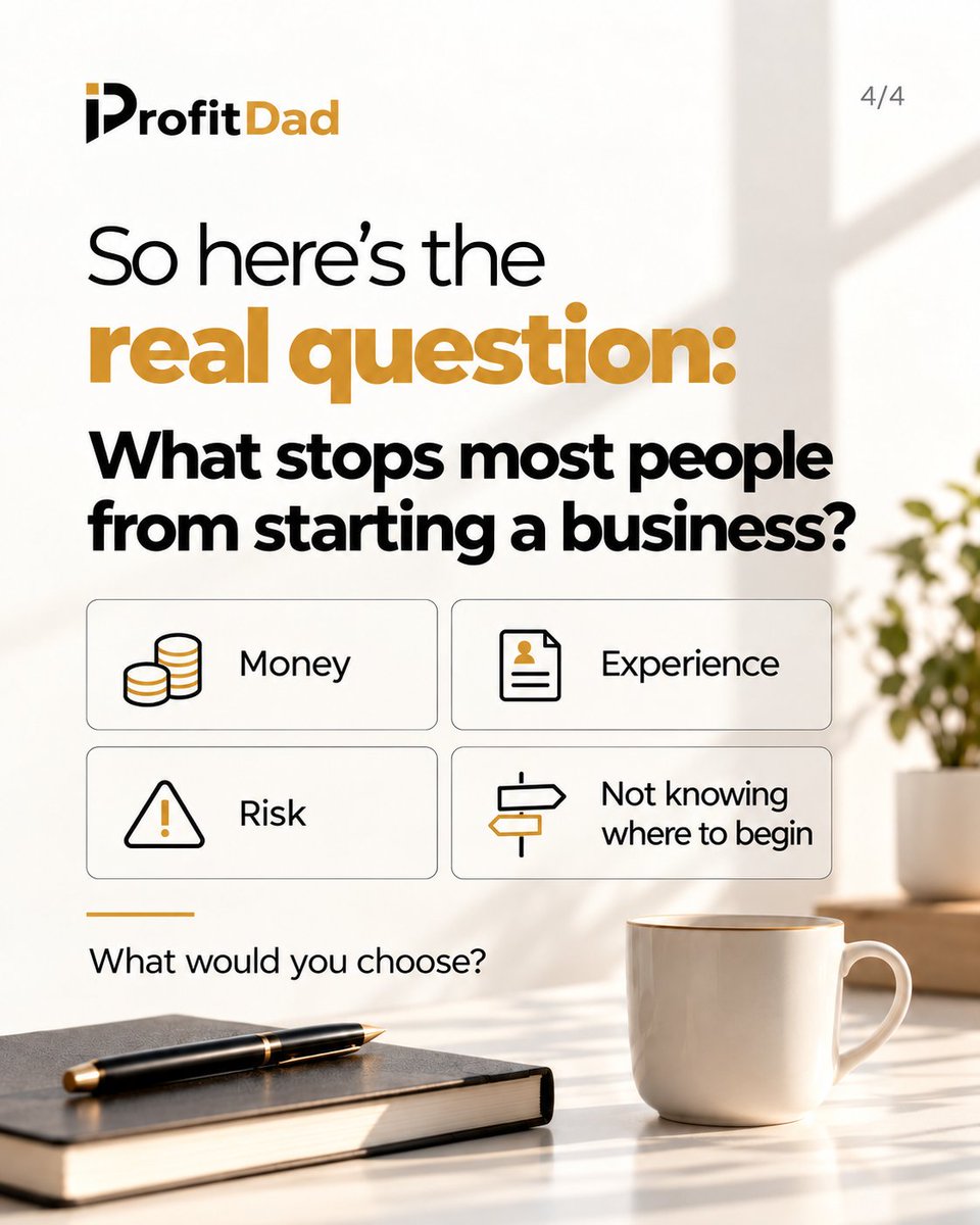 profitdad_ltd's tweet photo. Capital can start a business.
But capital alone can’t build one.
Sometimes the bigger challenge is knowing what happens after you start.
So what really holds people back , money, risk, experience, or uncertainty?
#PROFITDAD #BusinessThinking #Entrepreneurship https://t.co/S3hVMiNDqN